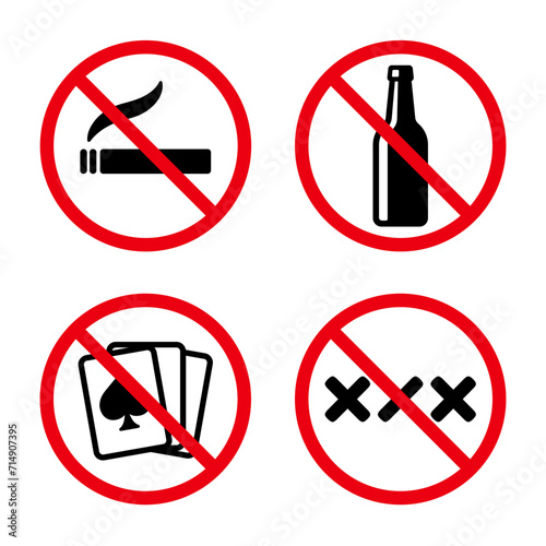 No smoking, drinking alcohol, gambling and porn sign. Vices and addiction habits. Black and white icons with red circles, vector illustration set.