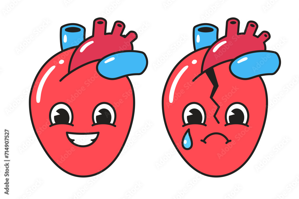 Cartoon happy and sad broken heart character, simple retro comic style vector illustration. Anatomical human heart with face.