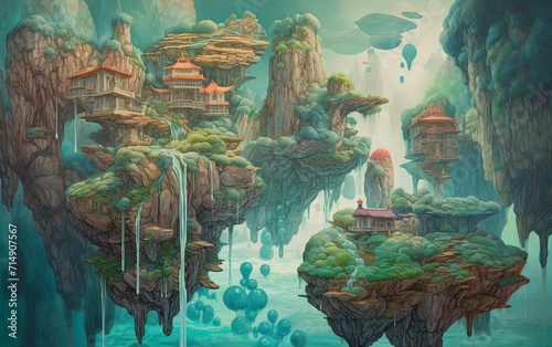 A painting of a fantasy landscape with a waterfall