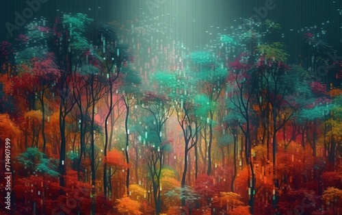 A painting of a forest filled with lots of trees