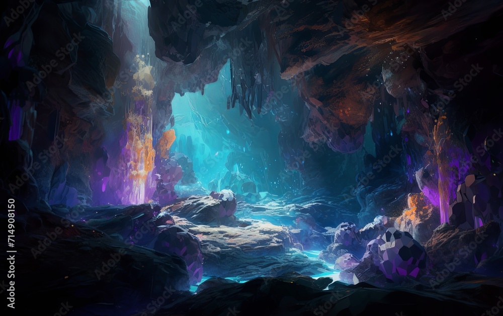 A cave filled with lots of purple and blue rocks