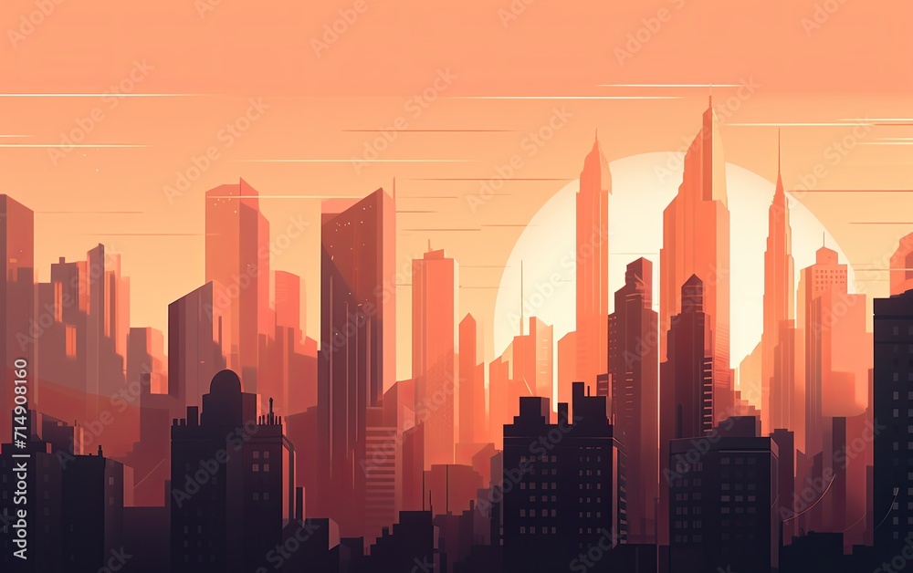 A cityscape with a sunset in the background