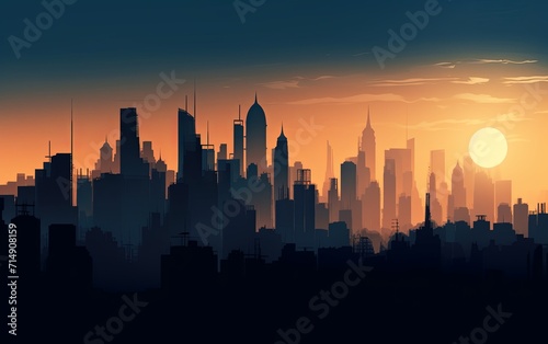 A cityscape with the sun setting in the background