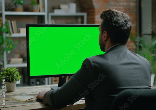 A rear view photo of a business man sitting in a workspace looking at a monitor