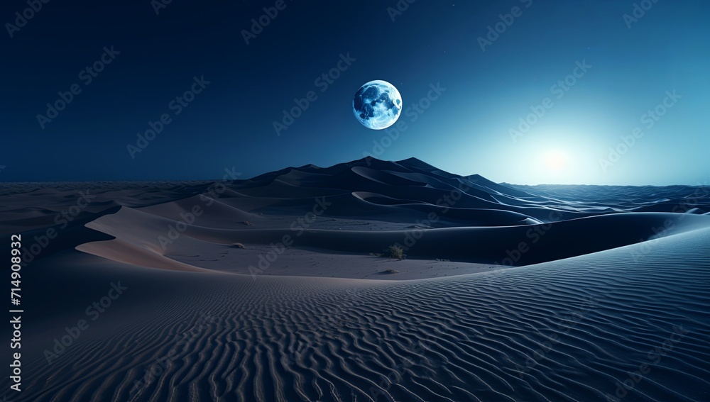 A desert with sand dunes and a moon in the sky