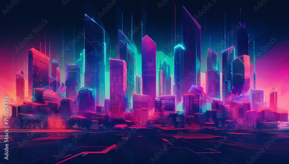 A digital painting of a city with neon lights