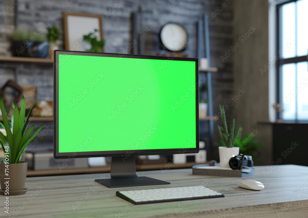 Monitor green screen on the desk in the workspace Monitor green screen on the desk in the workspace