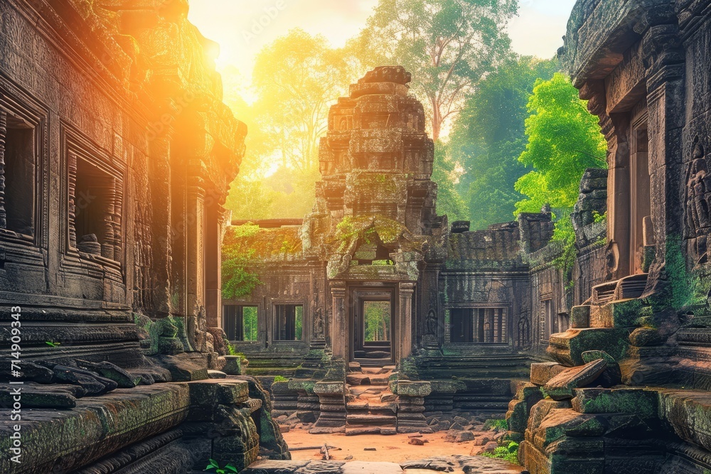 Naklejka premium Sunlit Ancient Angkor Wat Temple Ruins in Jungle 