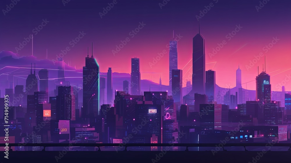 A futuristic cityscape with a pink and purple sky