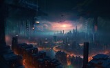 A futuristic city at night with a spaceship flying over it