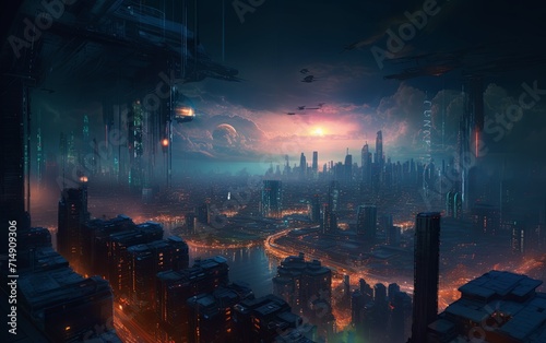 A futuristic city at night with a spaceship flying over it