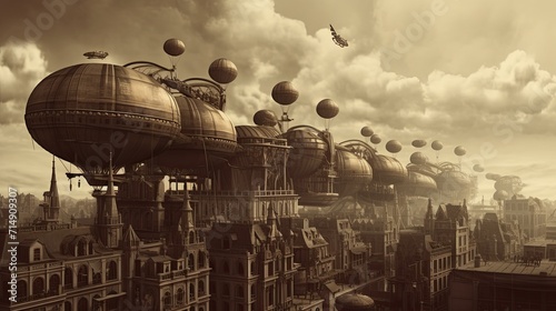 A futuristic city with a lot of balloons floating in the air © Georgii