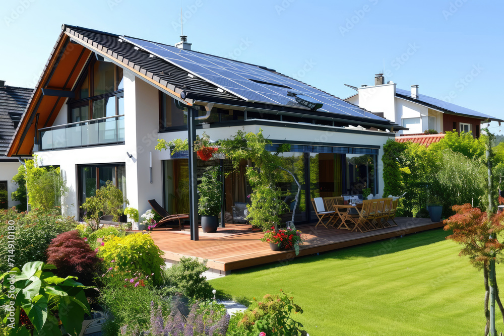 a modern villa with solar panels, big flowers garden