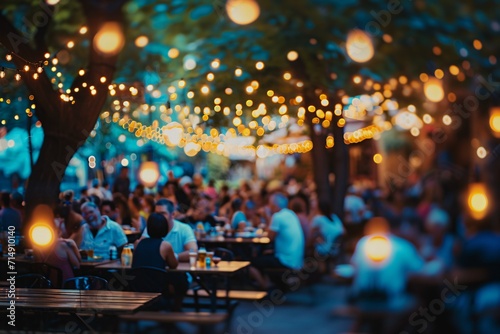 A lively outdoor gathering with people enjoying food and drinks under a canopy of lights Generative AI photo