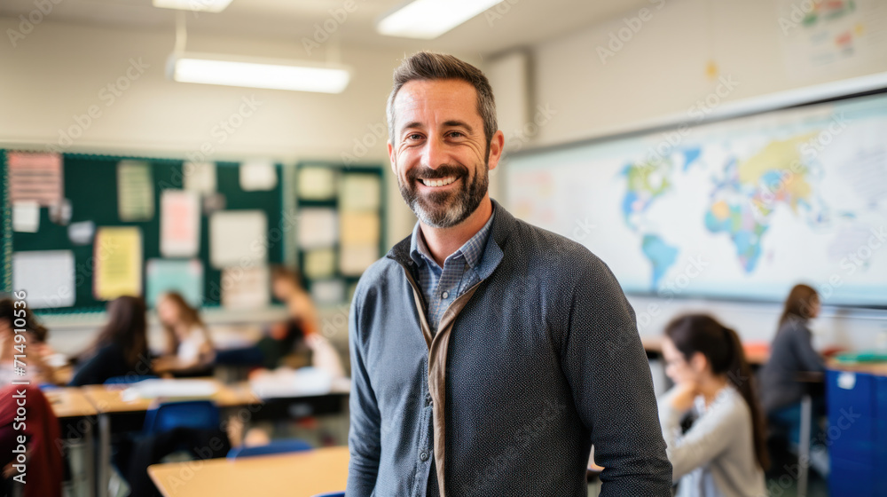 Portrait of mature teacher looking at camera with copy space. Happy mid adult lecturer at classroom standing after giving lecture. Satisfied high school teacher smiling while his students studying. Portrait of mature teacher looking at camera with copy space. Happy mid adult lecturer at classroom standing after giving lecture. Satisfied high school teacher smiling while his students studying.