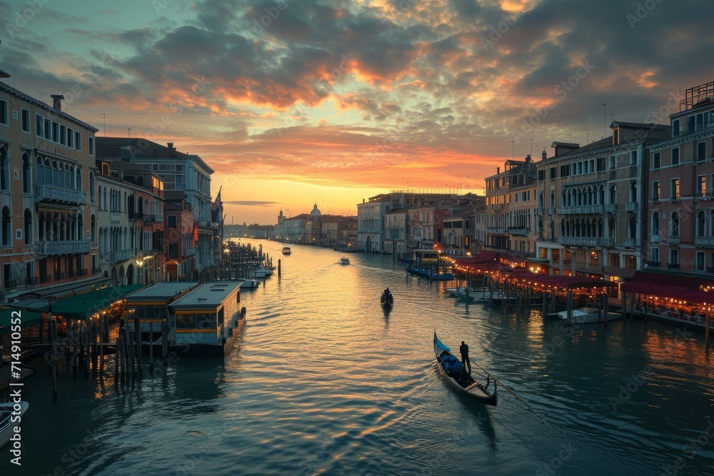Venetian Sunset with Gondola on Serene Canal
