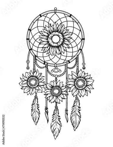 Dream catcher vector doodle illustration. Coloring page for adults