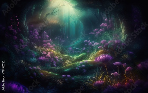 A painting of a forest with purple flowers