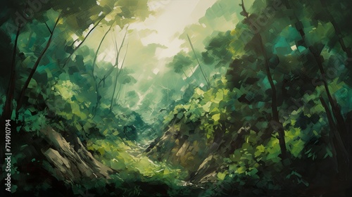 A painting of a green forest with trees