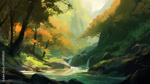 A painting of a river flowing through a forest