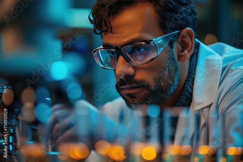 Focused male scientist examining samples in a laboratory setting with test tubes.