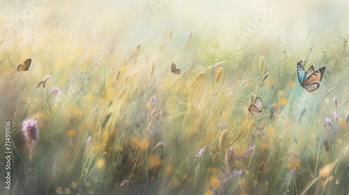 A painting of two butterflies flying over a field of flowers