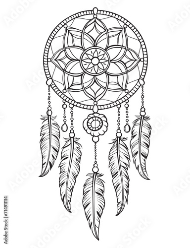 Dream catcher vector doodle illustration. Coloring page for adults