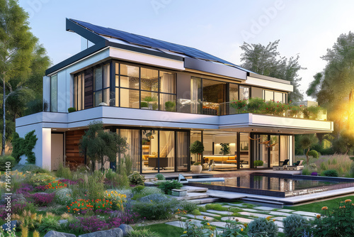 a modern villa with solar panels, big flowers garden © Kien