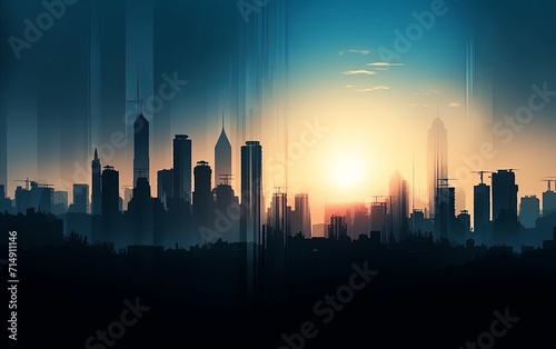 A picture of a city skyline at sunset