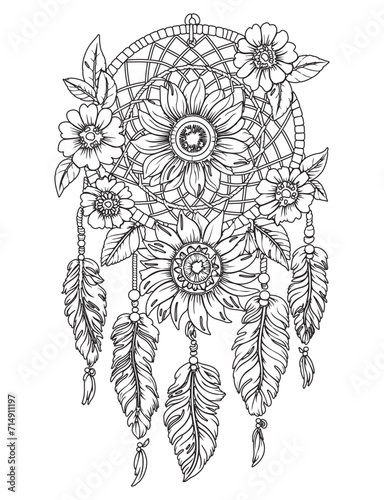 Dream catcher vector doodle illustration. Coloring page for adults