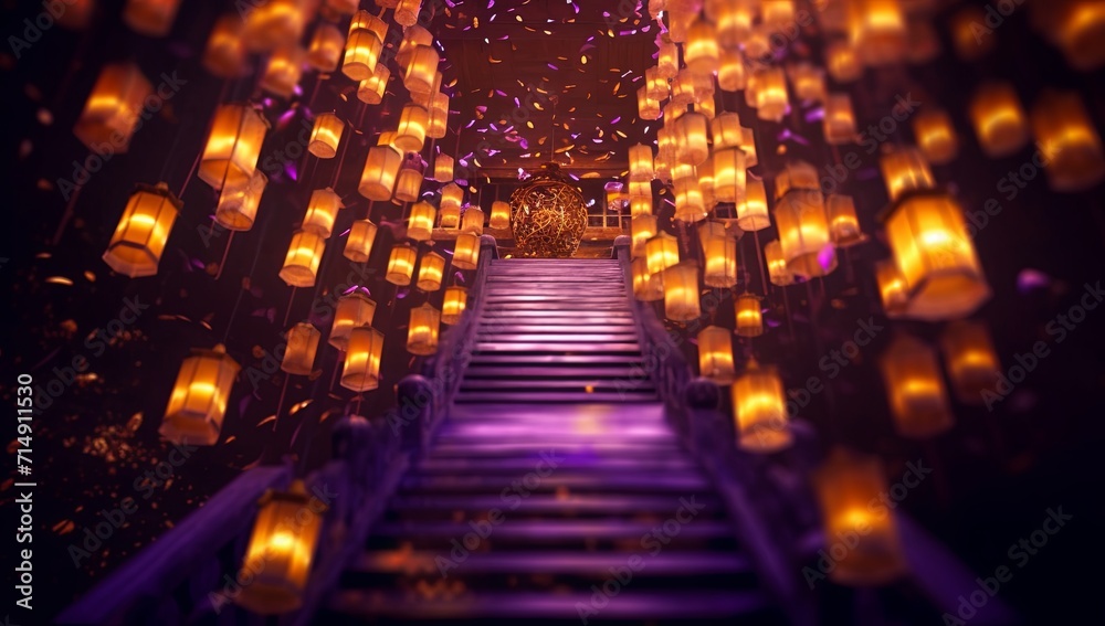 A stairway leading up to a set of stairs with lit lanterns hanging from the ceiling