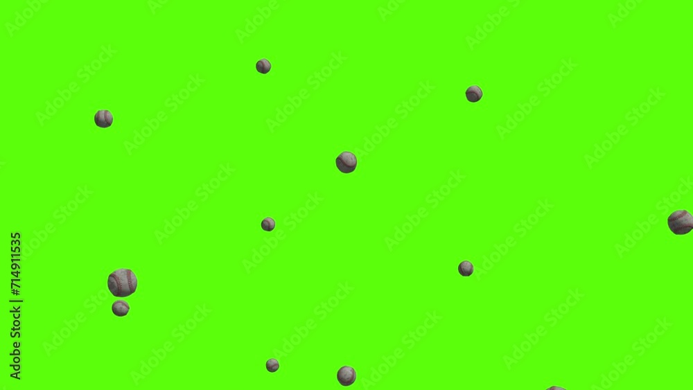 Baseball balls background. Falling baseball balls over green screen or chroma key. Rain of baseball balls across the screen. Baseball balls background. Falling baseball balls over green screen or chroma key. Rain of baseball balls across the screen.