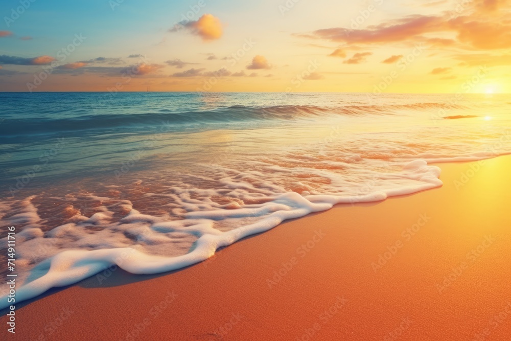 Summer Mood - Inspiring Sunset Seascape of Calm Caribbean Beach with Orange and Golden Sky