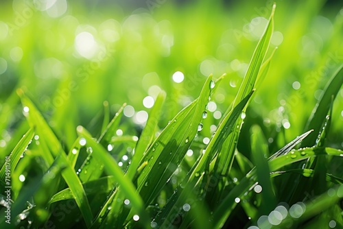 Wet Grass in Sunlight: Refreshing Summer Nature with Green Flora in Water Drops on Meadow