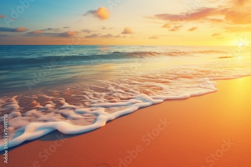 Summer Mood - Inspiring Sunset Seascape of Calm Caribbean Beach with Orange and Golden Sky