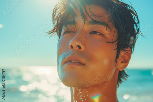 Sun-Kissed Man with Wet Hair in Sunlight