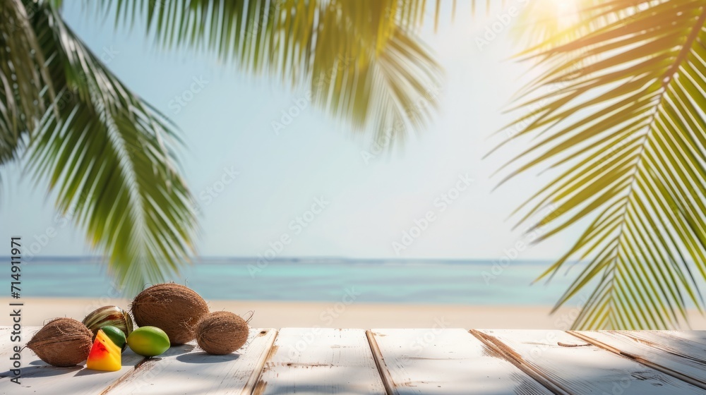 Obraz premium White Wooden Table Overlooking a Sunny Tropical Beach Scene