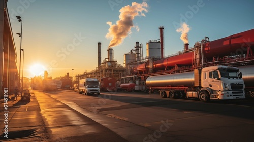 Logistics, Petroleum Product Distribution Center with Tanker Trucks Loading and Unloading Under Vibrant Morning Sunlight © Green