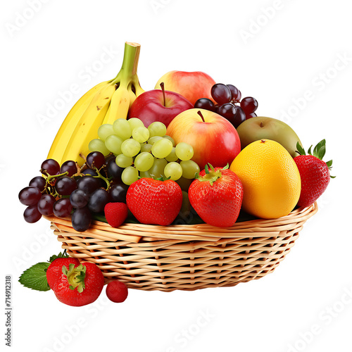 A basket of various fruits such as oranges, bananas, pineapple, grapes, kiwi, apples on a transparent background png
