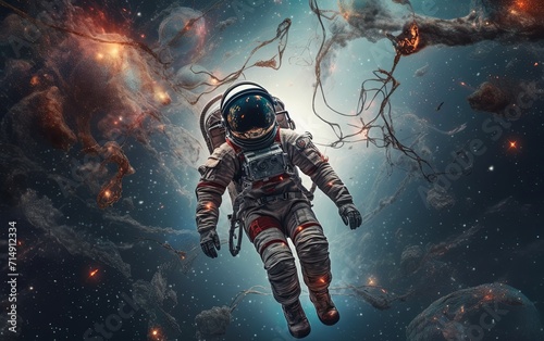 An astronaut floating in space surrounded by stars