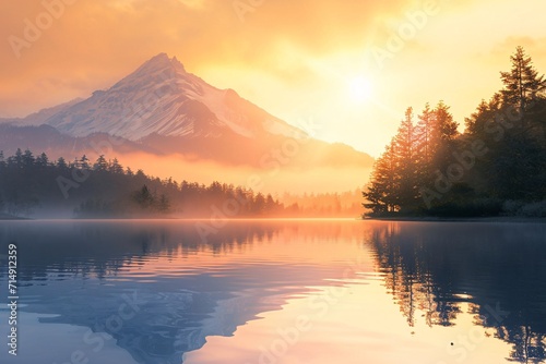 A serene mountain lake at sunset Generative AI © Bipul Kumar