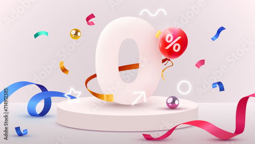 3d zero number with colorful confetti. Zero percent commissions.