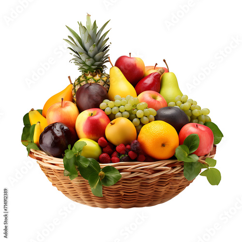 A basket of various fruits such as oranges  bananas  pineapple  grapes  kiwi  apples on a transparent background png