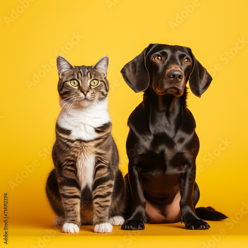 Dog and cat on yellow background. © DALU11