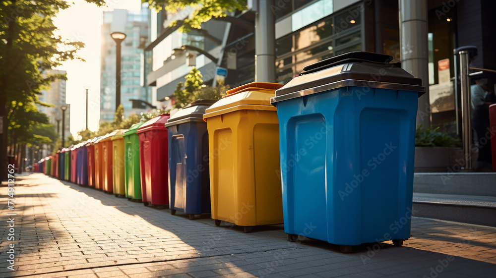 Colorful and tidy recycling bins on a bright, modern city street, promoting sustainability and clean energy Colorful and tidy recycling bins on a bright, modern city street, promoting sustainability and clean energy