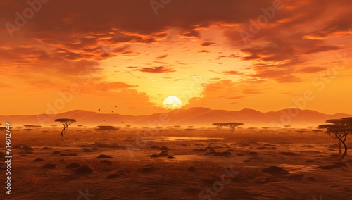 The sun is setting over a desert landscape