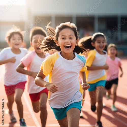 Happy children running doing a race.