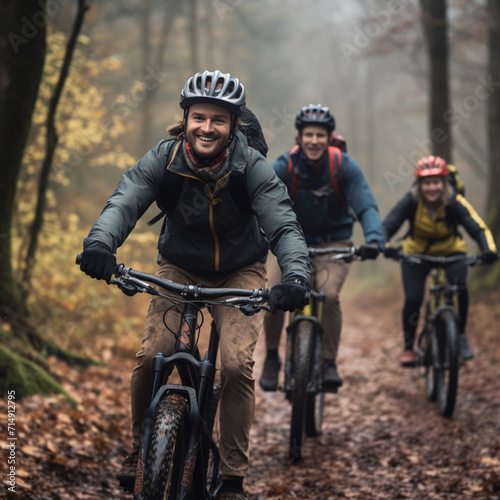 Friends cycling in the forest. © DALU11
