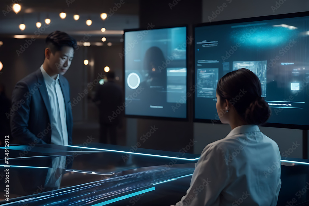 Man and Woman Standing in Front of a Counter in Meeting or Discussion. Generative AI. Man and Woman Standing in Front of a Counter in Meeting or Discussion. Generative AI.