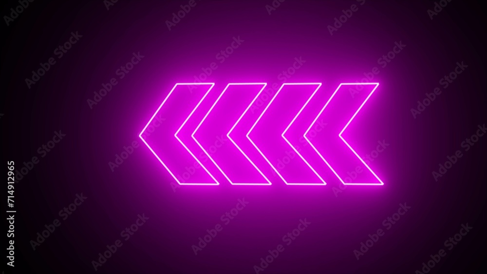 Purple neon glowing arrows. Direction banner. Futuristic light on black background.